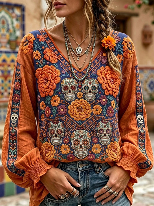 Women's Day Of The Dead Sugar Skull Mexican Floral Print Cotton-Linen Shirt