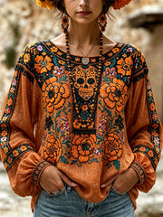 Women's Day of the Dead Sugar Skull Mexican Marigolds Floral Print Cotton-Linen Shirt