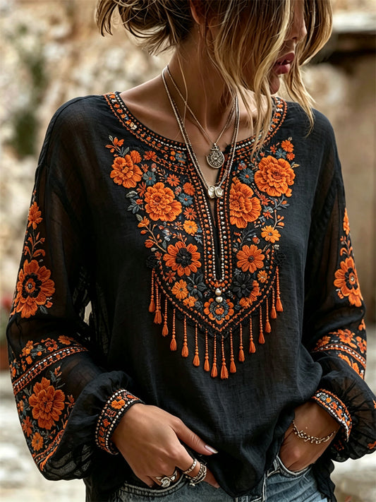 Women's Vintage Mexican Marigolds Floral Print Cotton-Linen Shirt