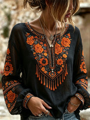 Women's Vintage Mexican Marigolds Floral Print Cotton-Linen Shirt