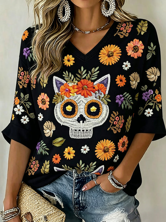 Women's Day of the Dead Cat Sugar Skull Art Print Mid-length Sleeves V-Neck T-Shirt