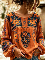 Women's Day of the Dead Sugar Skull Mexican Marigolds Floral Print Cotton-Linen Shirt