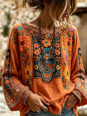 Women's Day of the Dead Sugar Skull Mexican Marigolds Floral Print Cotton-Linen Shirt