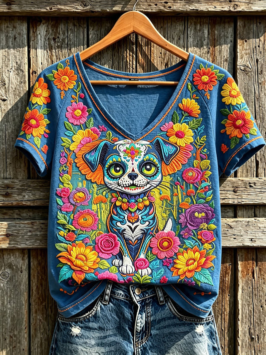 Women's Day of the Dead animal and flowers pattern printed casual short-sleeve T-shirt