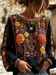 Women's Day of the Dead Sugar Skull Mexican Marigolds Floral Print Cotton-Linen Shirt