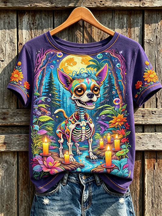 Women's Day of the Dead animal and flowers pattern printed casual short-sleeve T-shirt