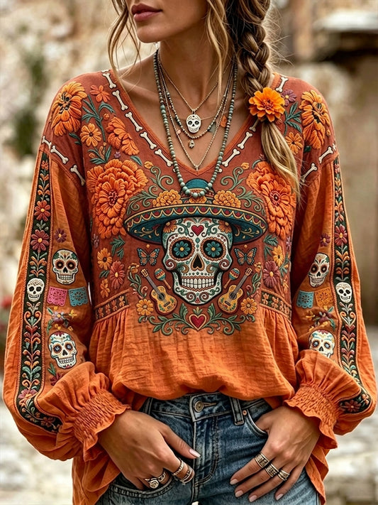Women's Day Of The Dead Sugar Skull Mexican Floral Print Cotton-Linen Shirt
