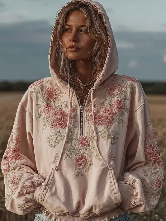 Women's light pink flowers pattern printed casual hoodie