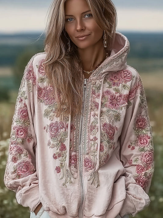 Women's Light Pink Flowers Pattern Printed Casual Zip-Up Hoodie