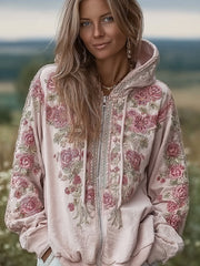 Women's Light Pink Flowers Pattern Printed Casual Zip-Up Hoodie