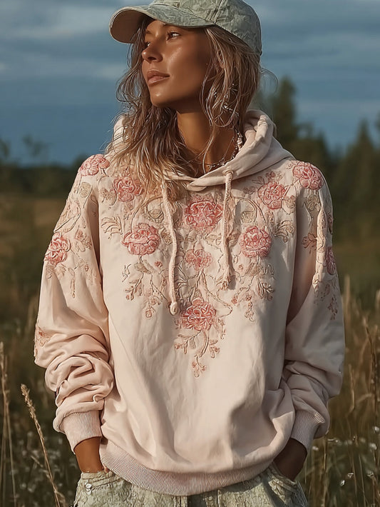 Women's light pink flowers pattern printed casual hoodie