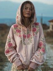 Women's light pink flowers pattern printed casual hoodie