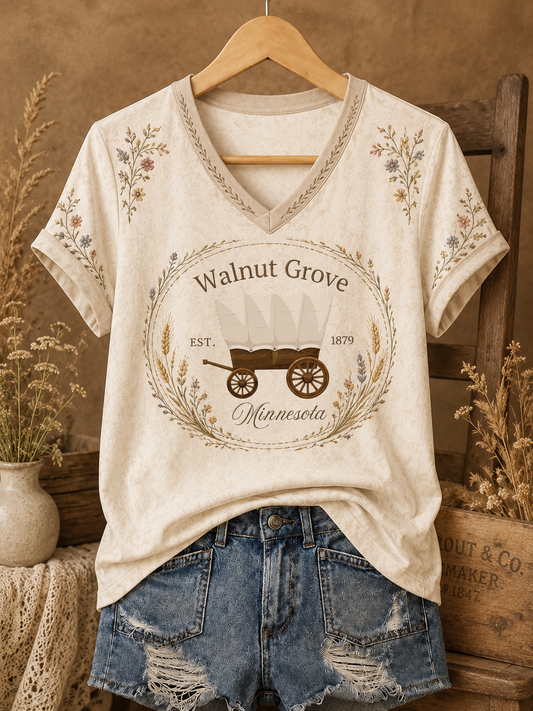 Women's Little House Printed V-neck T-shirt
