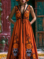 Women's Day of the Dead Sugar Skull Mexican Marigolds Floral Print Flowy Maxi Dress
