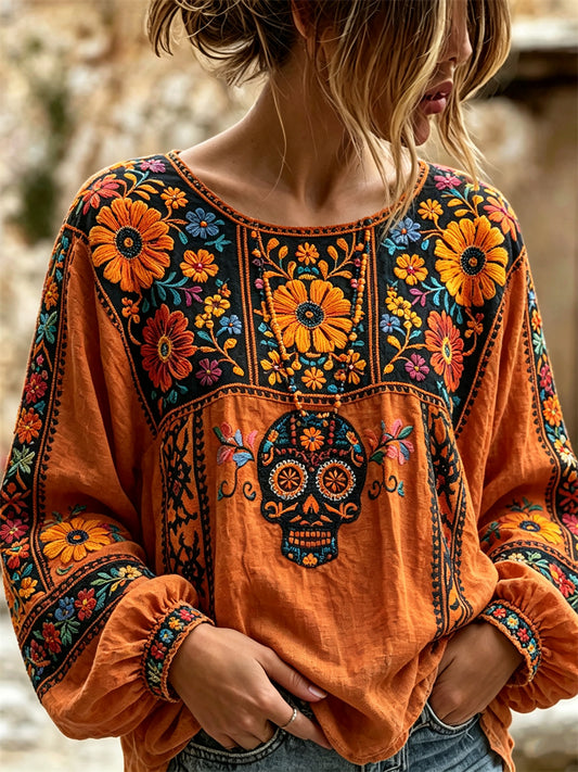 Women's Day of the Dead Sugar Skull Mexican Floral Print Cotton-Linen Shirt
