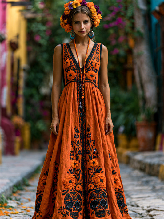 Women's Day of the Dead Sugar Skulls Mexican Marigolds Floral Print Flowy Maxi Dress