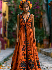 Women's Day of the Dead Sugar Skulls Mexican Marigolds Floral Print Flowy Maxi Dress