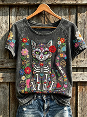Women's retro skull cat pattern printed casual round neck T-shirt