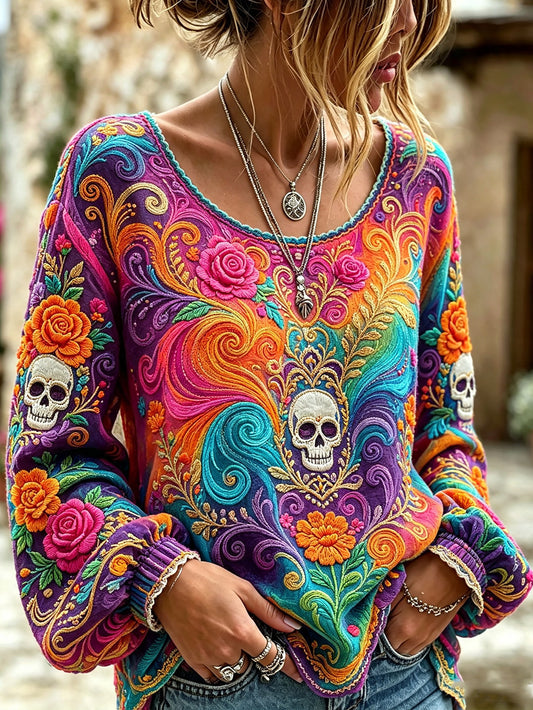 Women's skull and plant flower pattern printed casual cotton and linen shirt
