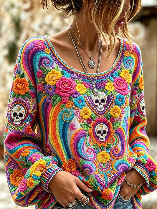 Women's skull and plant flower pattern printed casual cotton and linen shirt