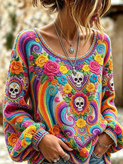 Women's skull and plant flower pattern printed casual cotton and linen shirt