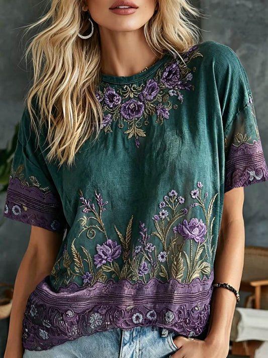 Women's Retro Floral Art Embroidery Cotton Linen Casual T-shirt