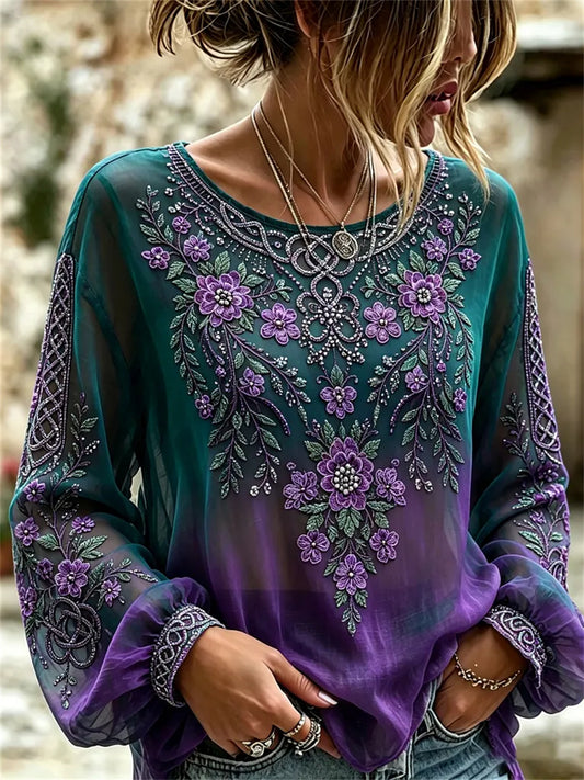Women's Classy Purple Floral Celtic Knot Print Gradient Cotton-Linen Shirt