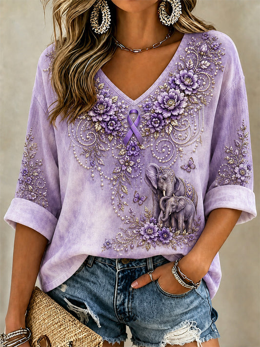 Women's Purple Floral & Elephant Print Alzheimer's Awareness Support V-Neck Tee