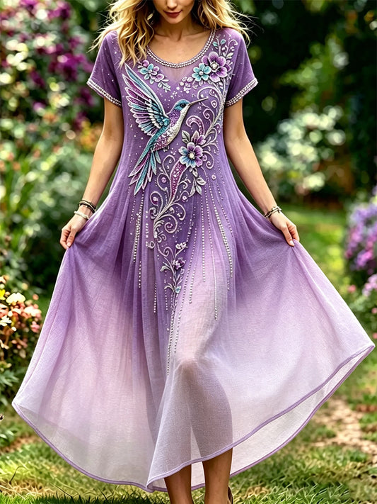 Women's Classy Humming Bird & Purple Floral Print Gradient Flowy Maxi Dress