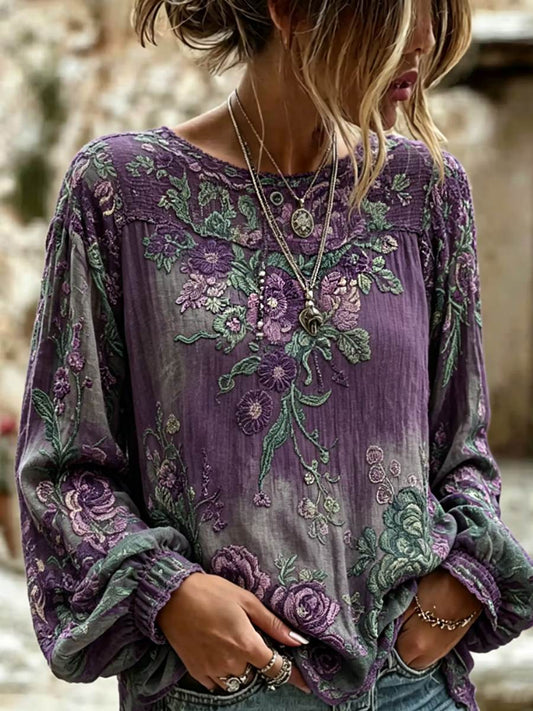 Women's Retro Floral Embroidery Cotton Linen Round Neck Long Sleeve Top