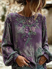 Women's Retro Floral Embroidery Cotton Linen Round Neck Long Sleeve Top