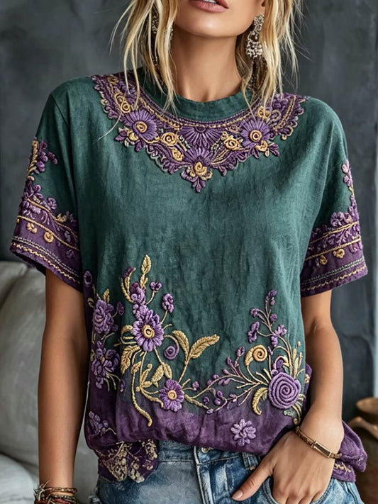 Women's Retro Floral Art Embroidery Cotton Linen Casual T-shirt