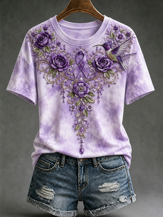 Women's Purple Floral & Hummingbird Print Alzheimer's Awareness Support V-Neck Tee