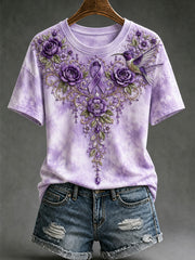 Women's Purple Floral & Hummingbird Print Alzheimer's Awareness Support V-Neck Tee