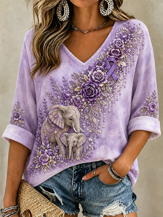 Women's Purple Floral & Elephant Print Alzheimer's Awareness Support V-Neck Tee