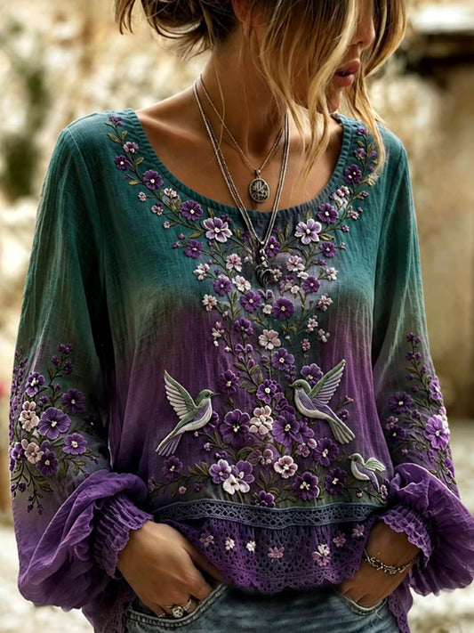 Women's Retro Floral Embroidery Cotton Linen Round Neck Long Sleeve Top