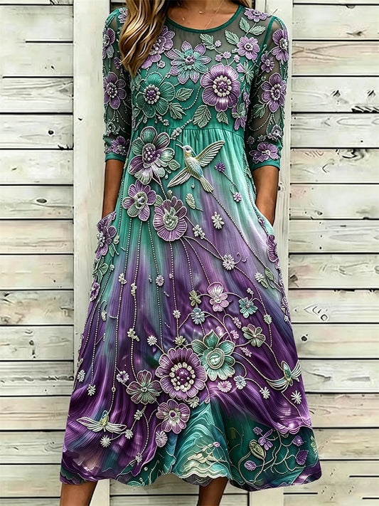 Women's Classy Humming Bird & Purple Floral Print Gradient Flowy Maxi Dress