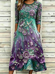 Women's Classy Humming Bird & Purple Floral Print Gradient Flowy Maxi Dress