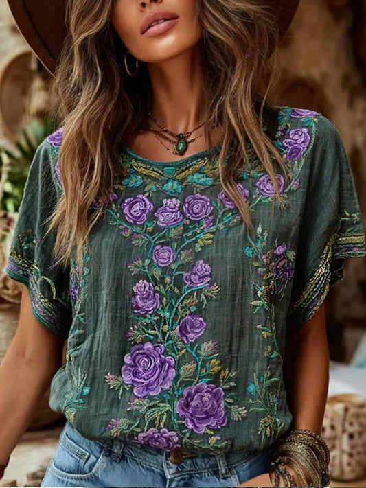 Women's Retro Floral Art Embroidery Cotton Linen Casual T-shirt