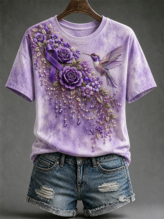Women's Purple Floral & Hummingbird Print Alzheimer's Awareness Support V-Neck Tee
