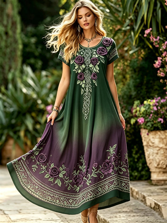 Women's Classy Purple Roses Floral Celtic Knot Print Gradient Flowy Maxi Dress