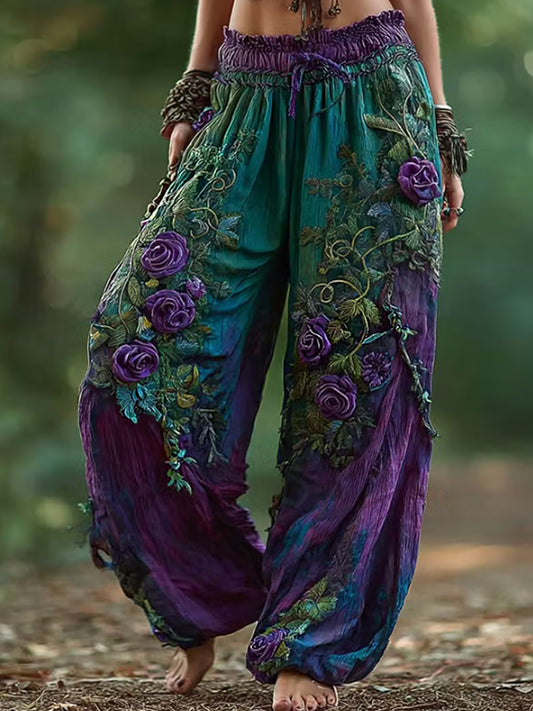 Women's Vintage Rose Floral Pattern Casual Pants