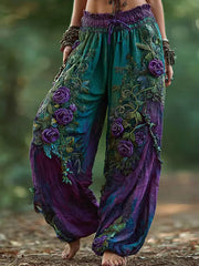 Women's Vintage Rose Floral Pattern Casual Pants