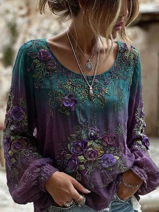 Women's Retro Floral Embroidery Cotton Linen Round Neck Long Sleeve Top