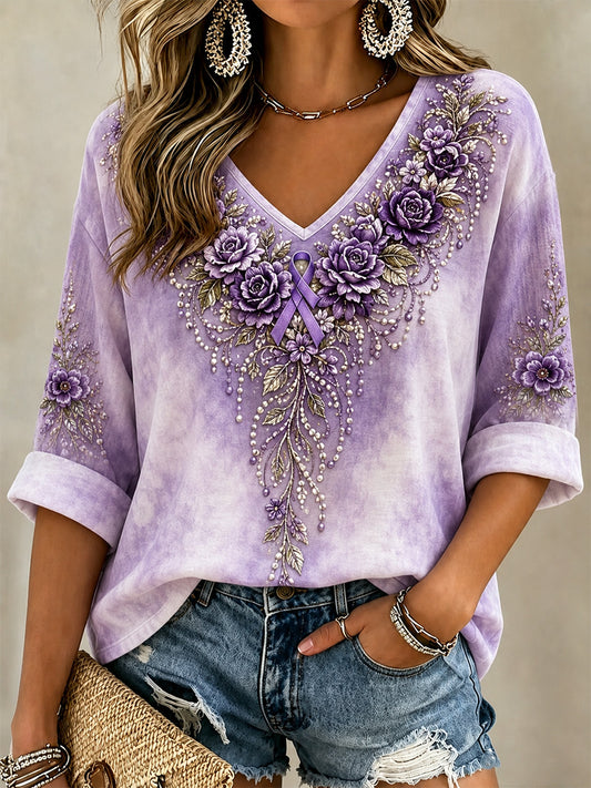 Women's Purple Floral Print Alzheimer's Awareness Support V-Neck Tee