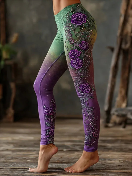 Women's Classy Purple Roses Floral Art Print Gradient Leggings