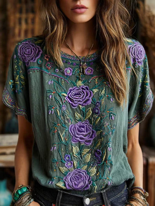 Women's Retro Floral Art Embroidery Cotton Linen Casual T-shirt