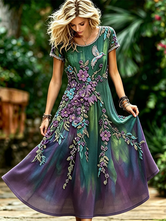 Women's Classy Humming Bird & Purple Floral Print Gradient Flowy Maxi Dress