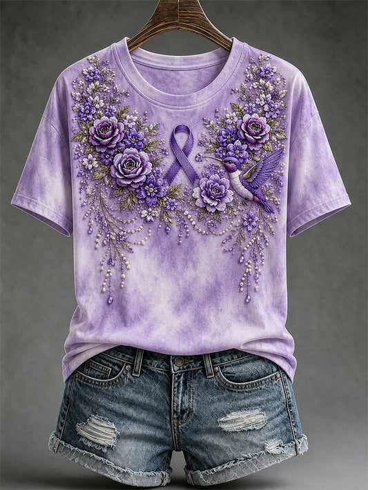 Women's Purple Floral & Hummingbird Print Alzheimer's Awareness Support V-Neck Tee