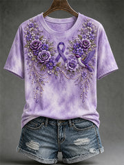 Women's Purple Floral & Hummingbird Print Alzheimer's Awareness Support V-Neck Tee